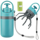 Aqua blue plastic waste picker tool with gray handle, retractable claw, and wrist strap.