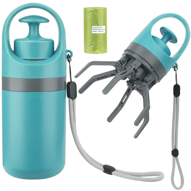 Aqua blue plastic waste picker tool with gray handle, retractable claw, and wrist strap.