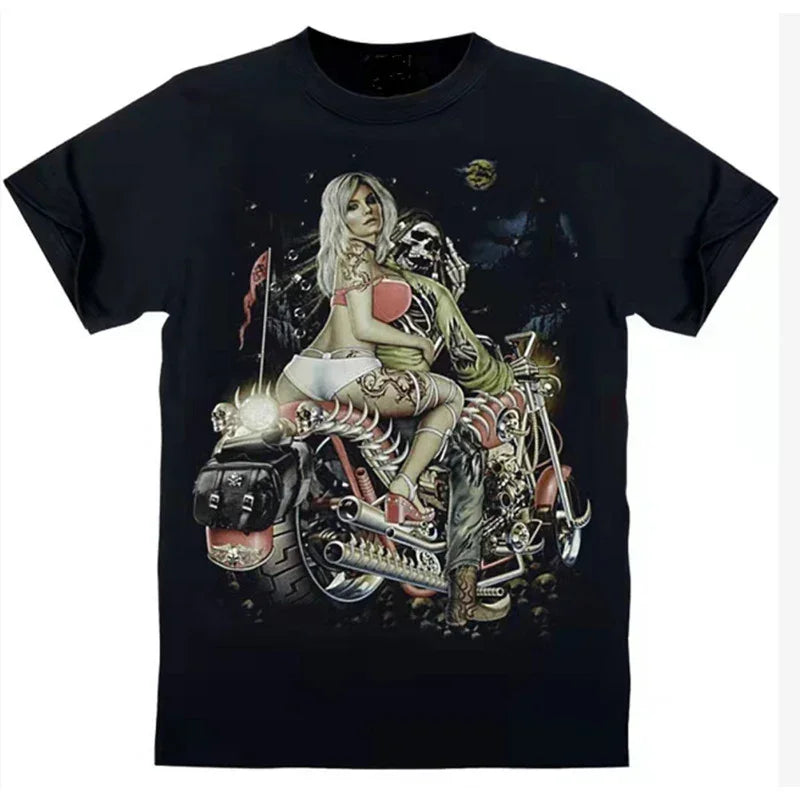 Black graphic streetwear t-shirt with bold biker and skeleton art, relaxed fit, cotton material