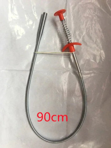Flexible metal grabber tool with red handle, spring-loaded, 90cm length, on white background.