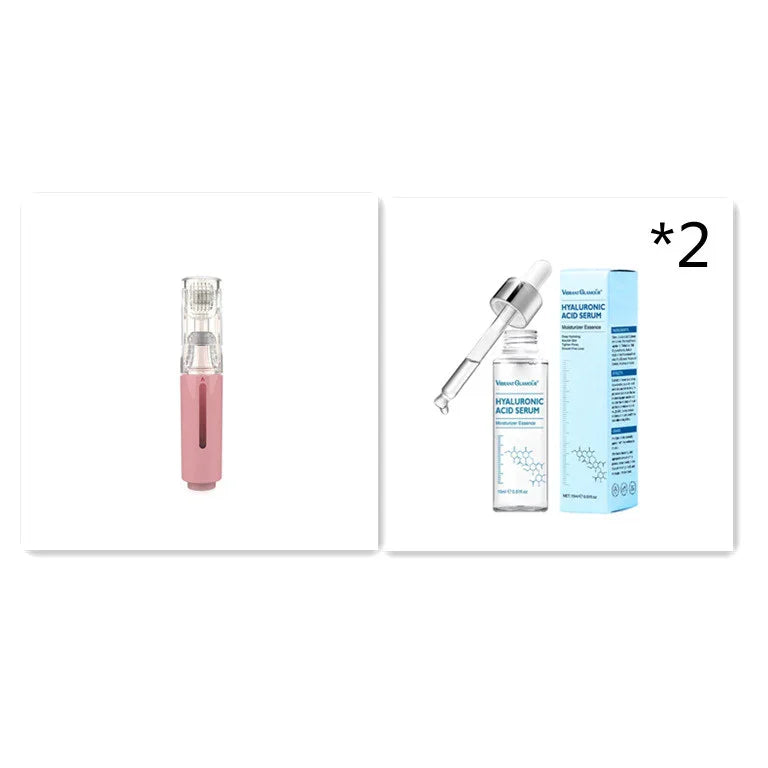 Pink microneedling pen with hyaluronic acid serum skincare set on white background