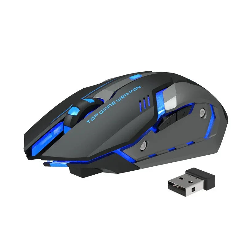 Sleek black ergonomic wireless gaming mouse with blue LED accents and USB receiver