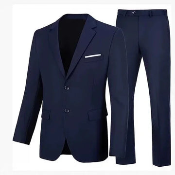 Men's slim fit navy blue suit with single-breasted blazer and matching trousers