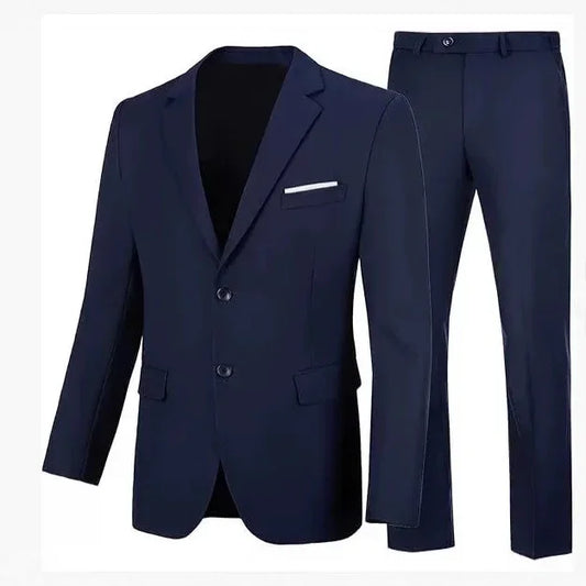 Men's slim fit navy blue suit with single-breasted blazer and matching trousers