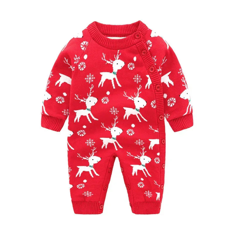 Red baby romper with white reindeer and snowflake print, long sleeves, button front, knit fabric