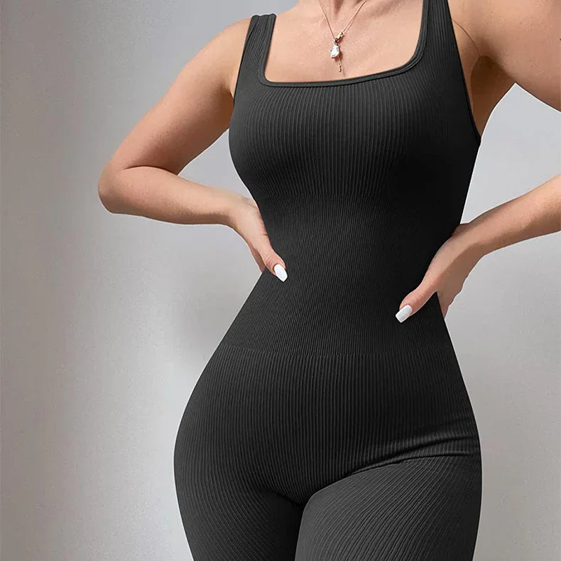 Black ribbed sleeveless bodysuit, fitted design, square neckline, stretchy fabric