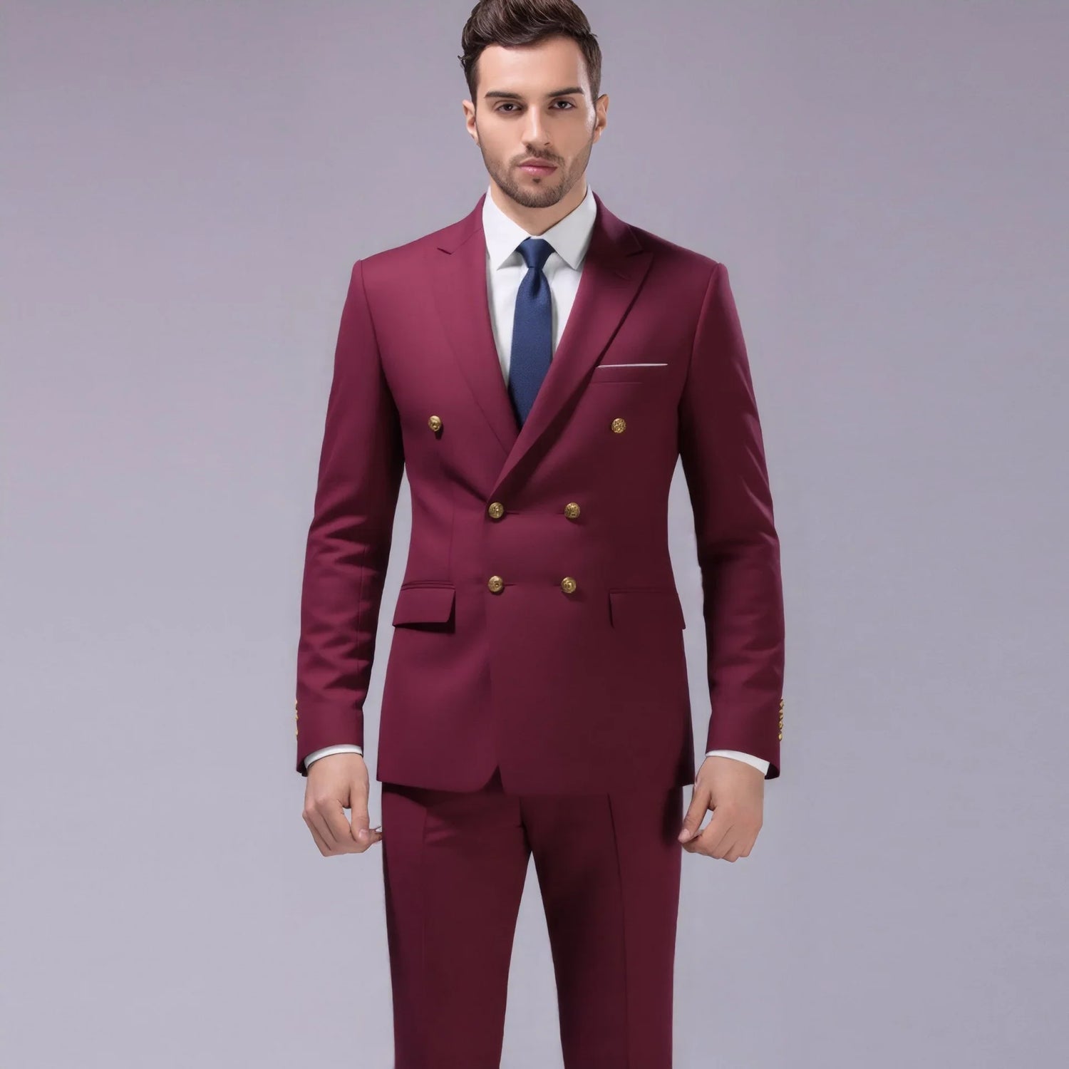 Slim fit burgundy double-breasted suit with gold buttons, white shirt, and navy tie