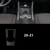 Black carbon fiber car center console cover with gear shift for 2020-2021 model, sleek fit material.