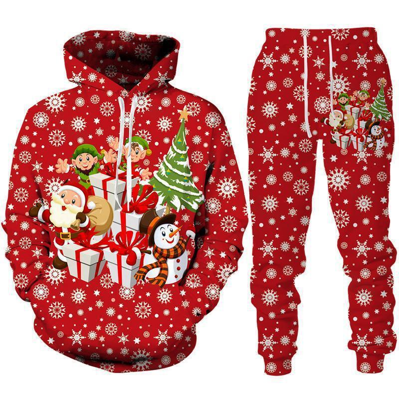 Red Christmas-themed hoodie and jogger set with snowflakes, cartoon Santa, elves, gifts, and snowman, relaxed fit.
