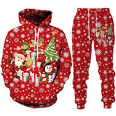 Red Christmas-themed hoodie and jogger set with snowflakes, cartoon Santa, elves, gifts, and snowman, relaxed fit.