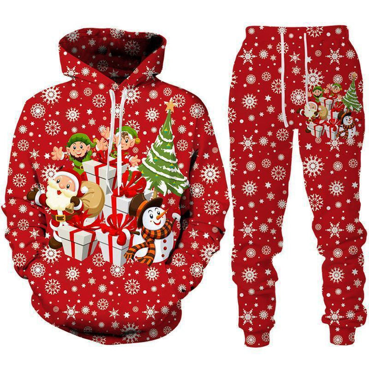Red Christmas-themed hoodie and jogger set with snowflakes, cartoon Santa, elves, gifts, and snowman, relaxed fit.