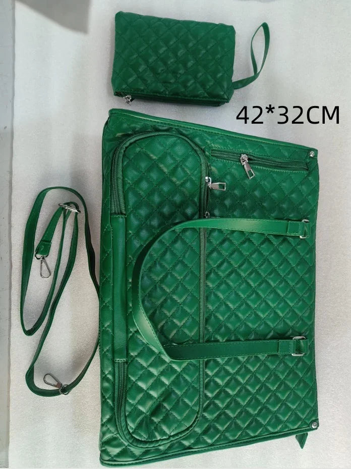 Green quilted bag set with large travel bag and matching pouch, faux leather, adjustable straps, size 42x32 cm