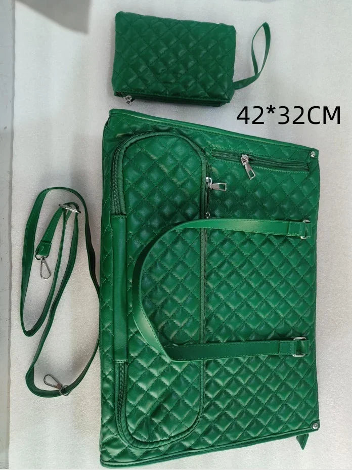 Green quilted bag set with large travel bag and matching pouch, faux leather, adjustable straps, size 42x32 cm