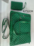 Green quilted bag set with large travel bag and matching pouch, faux leather, adjustable straps, size 42x32 cm