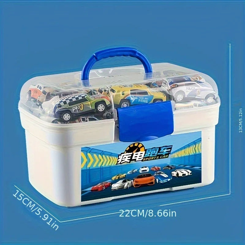 Plastic storage box with blue handle containing assorted colorful toy race cars.