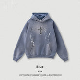 Blue streetwear hoodie with cross graphic, splatter details, oversized relaxed fit, cotton blend
