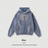 Blue streetwear hoodie with cross graphic, splatter details, oversized relaxed fit, cotton blend