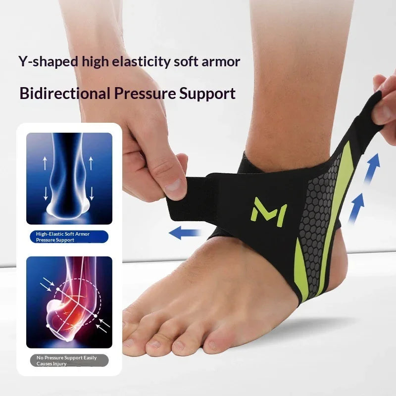 Black and green Y-shaped elastic ankle support wrap with breathable mesh fit.