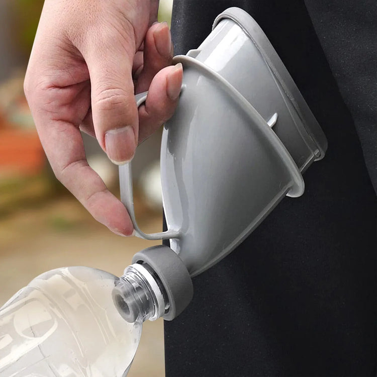 Hand holding a gray plastic portable funnel attached to a clear water bottle