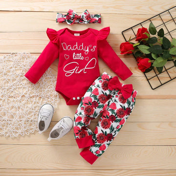 Infant girl long sleeve red ruffle romper with floral pants and matching headband, cotton set