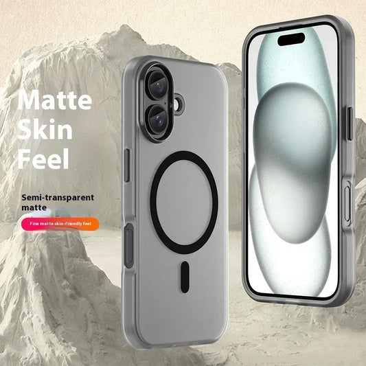 Semi-transparent matte phone case with black ring design, slim fit, and smooth finish