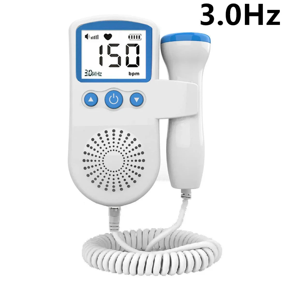White and blue handheld digital fetal doppler with LCD screen displaying heart rate, coiled probe cord, and control buttons.