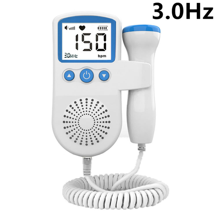 Digital fetal heart rate monitor with waterproof probe and LCD screen showing 150 bpm reading