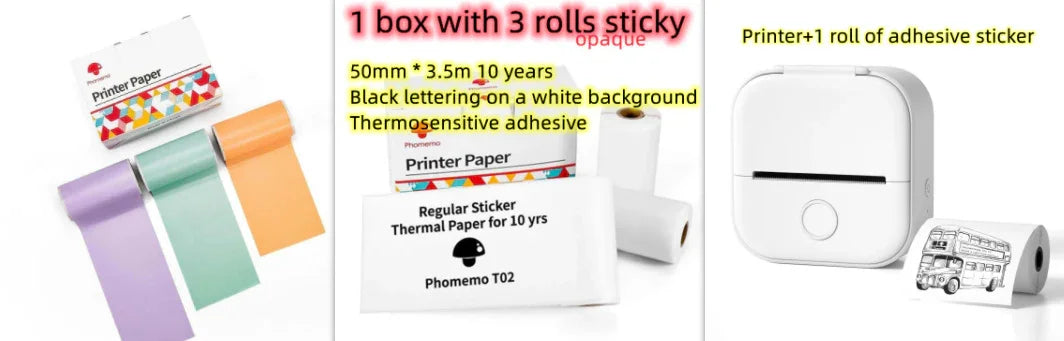 Thermal printer paper rolls in pastel colors, adhesive stickers, mini portable label printer