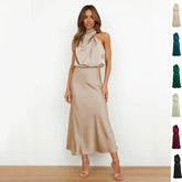 Satin beige sleeveless halter neck midi dress with draped bodice and relaxed fit