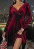 Burgundy velvet mini dress with long sleeves, deep V-neck, and fitted waist, evening style