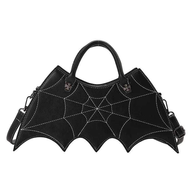Black faux leather handbag with spider web stitching, batwing shape, detachable strap, gothic style.