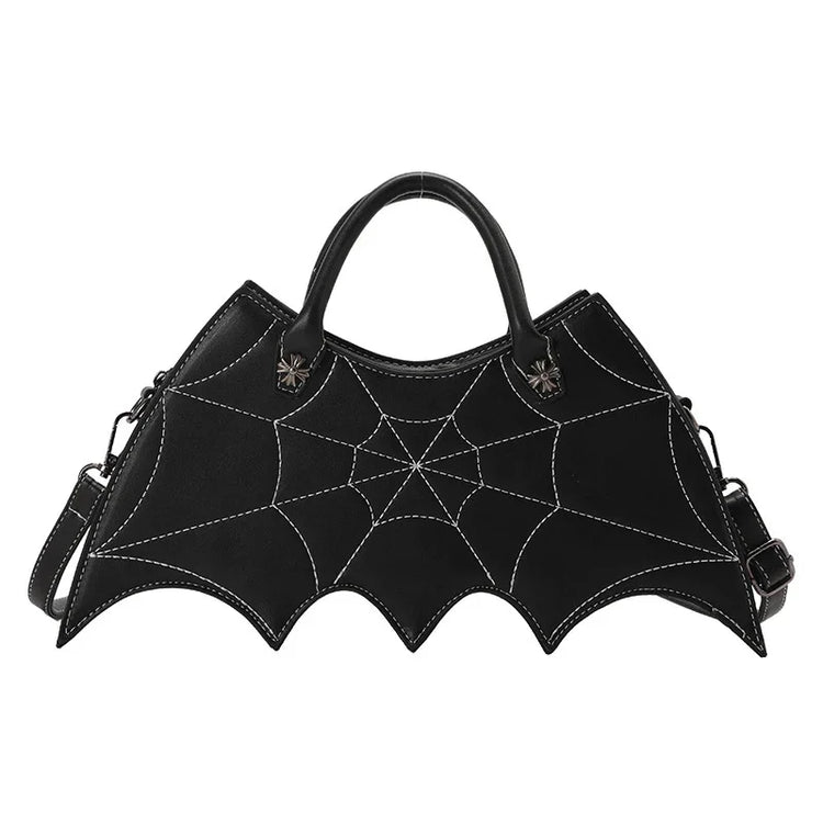 Black faux leather handbag with spider web stitching, batwing shape, detachable strap, gothic style.