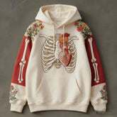 Cream hoodie with skeleton and heart embroidery, red floral sleeves, relaxed fit streetwear