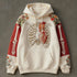 Cream hoodie with ribcage and heart embroidery, red sleeves with skeleton and floral designs, relaxed fit.