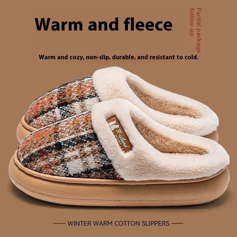 Plush fleece-lined cotton slippers with multicolor plaid pattern and beige sole, winter style