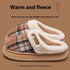 Plush fleece-lined cotton slippers with multicolor plaid pattern and beige sole, winter style