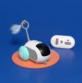 Futuristic remote control toy with light blue wheels and feather attachment, on blue background