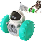 Astronaut-themed interactive pet toy with green textured wheels, suitable for cats and dogs