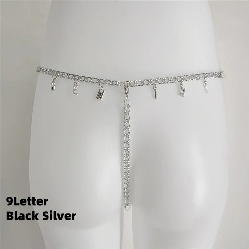 Silver chain belt with letter charms, minimalist streetwear accessory, adjustable fit.
