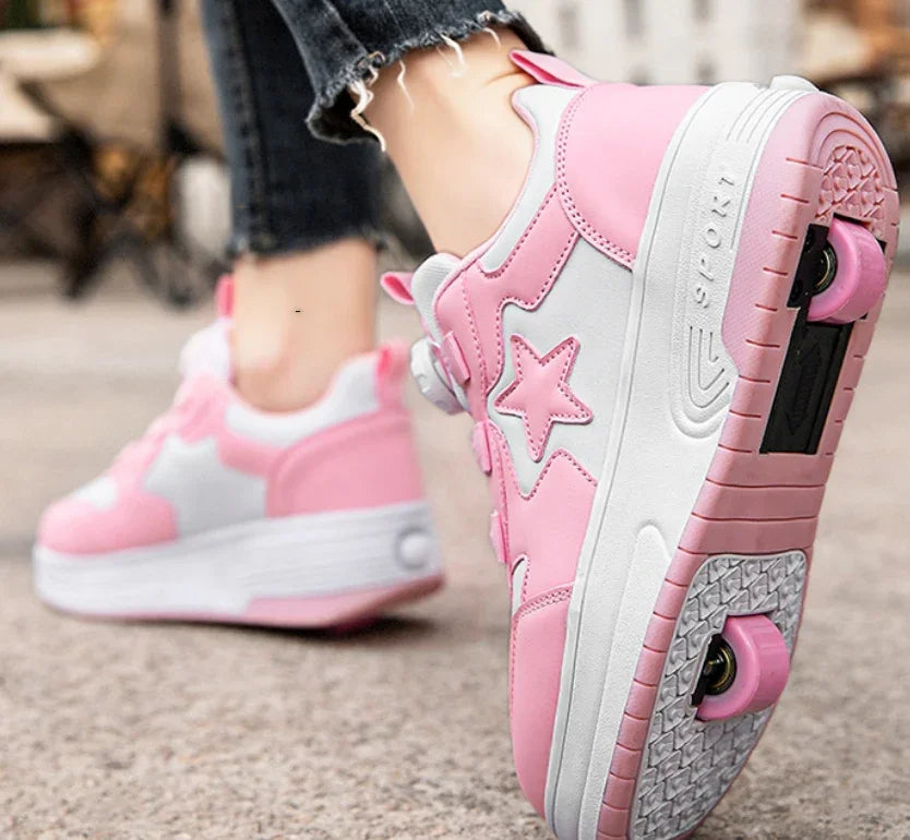 Pink and white roller skate sneakers with star detail, thick sole, casual fit, worn outdoors