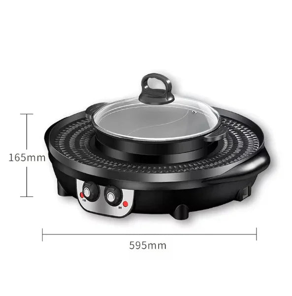 Modern black electric grill with circular hot pot, glass lid, and dual control knobs