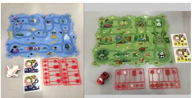 Two themed play mats with colorful race tracks, one blue with space design, one green with jungle animals, includes small toy vehicles and plastic accessories.