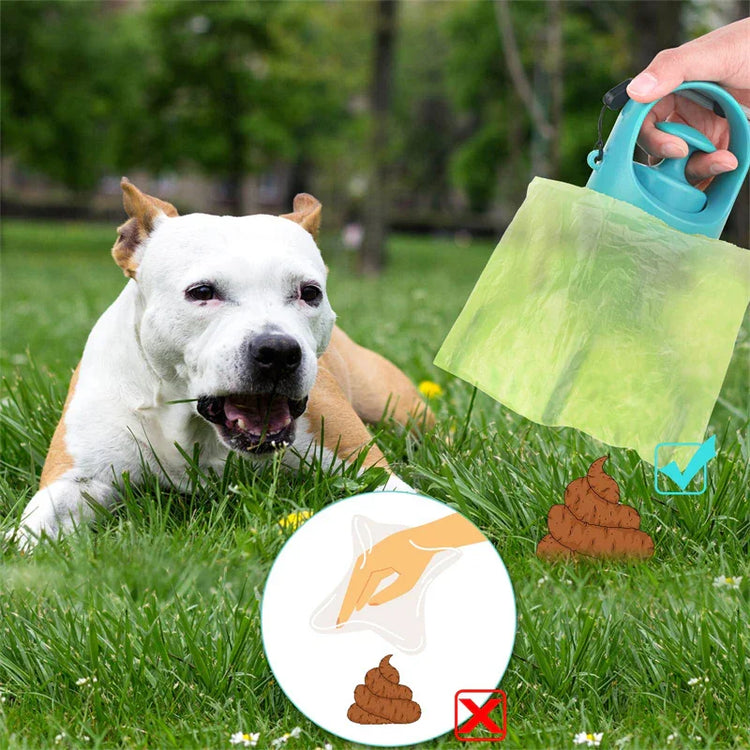 Dog laying on grass next to green pet waste bag holder picking up dog poop, outdoor setting.