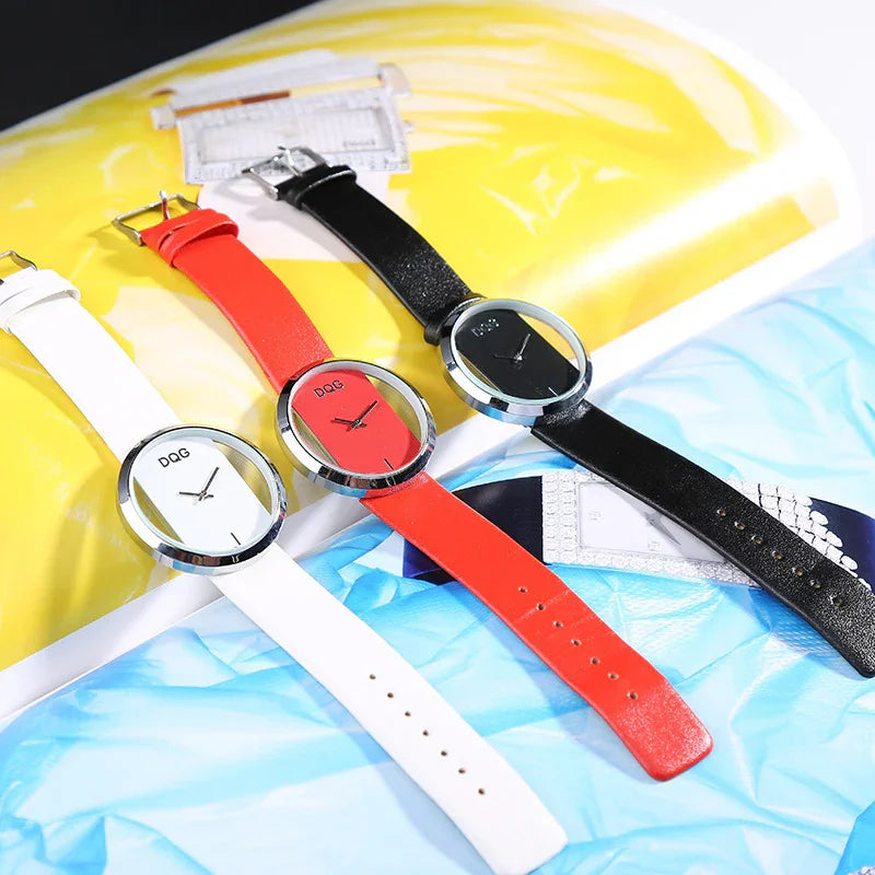 Minimalist fashion watches with white, red, and black leather straps and sleek round faces