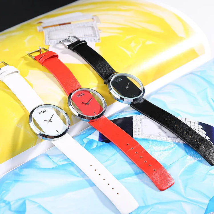 Minimalist fashion watches with white, red, and black leather straps and sleek round faces