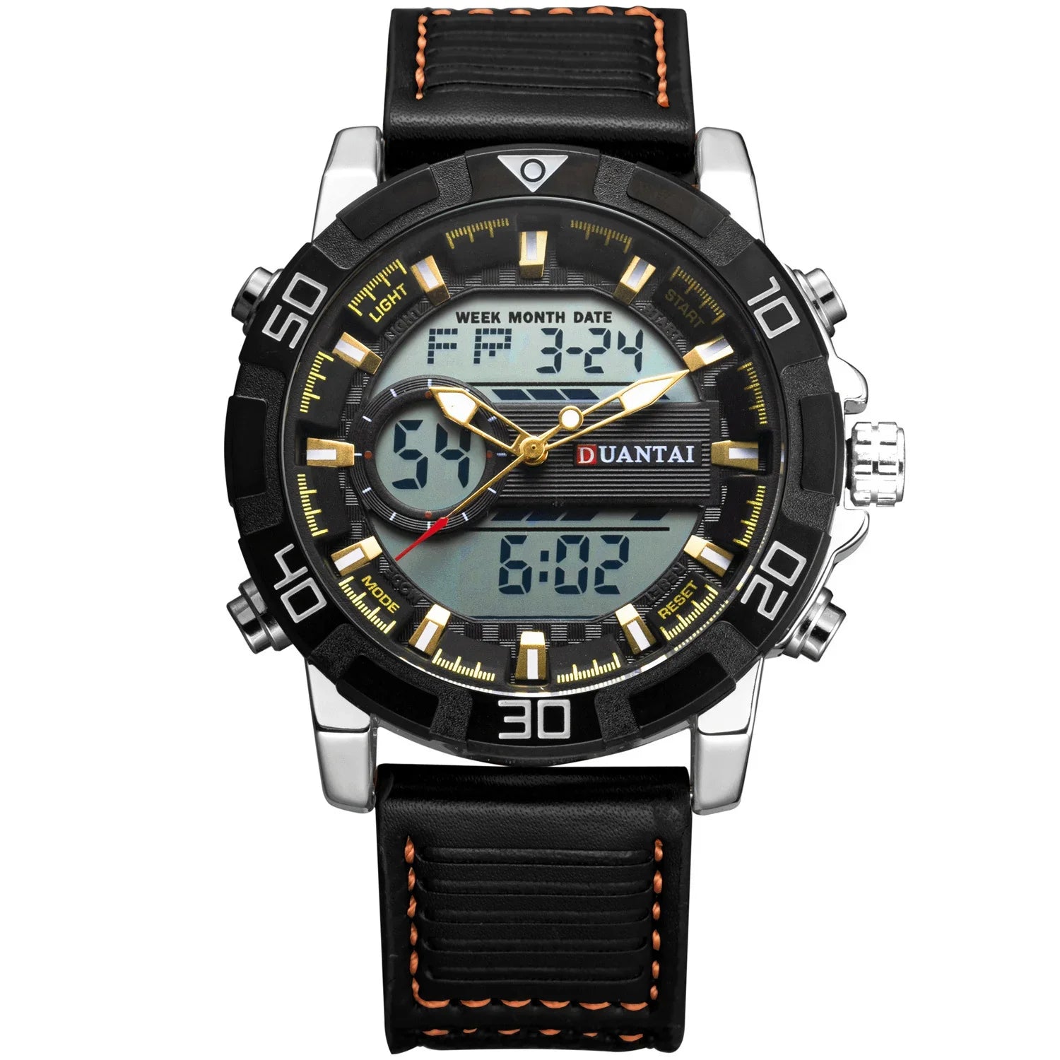 Black and silver analog-digital sports watch with leather strap and gold accents