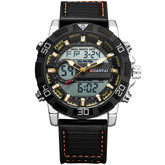 Black and silver analog-digital sports watch with leather strap and gold accents