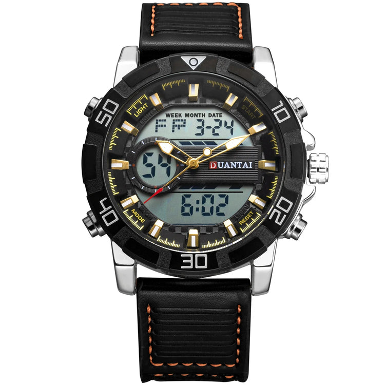 Black and silver analog-digital sports watch with leather strap and gold accents