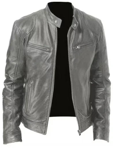 Silver faux leather biker jacket with zippered pockets and slim fit, modern streetwear style