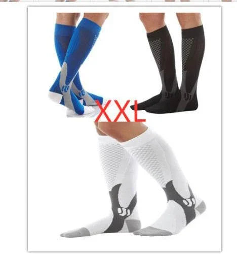 Knee-high compression socks in blue, black, and white, with athletic fit and mesh accents.